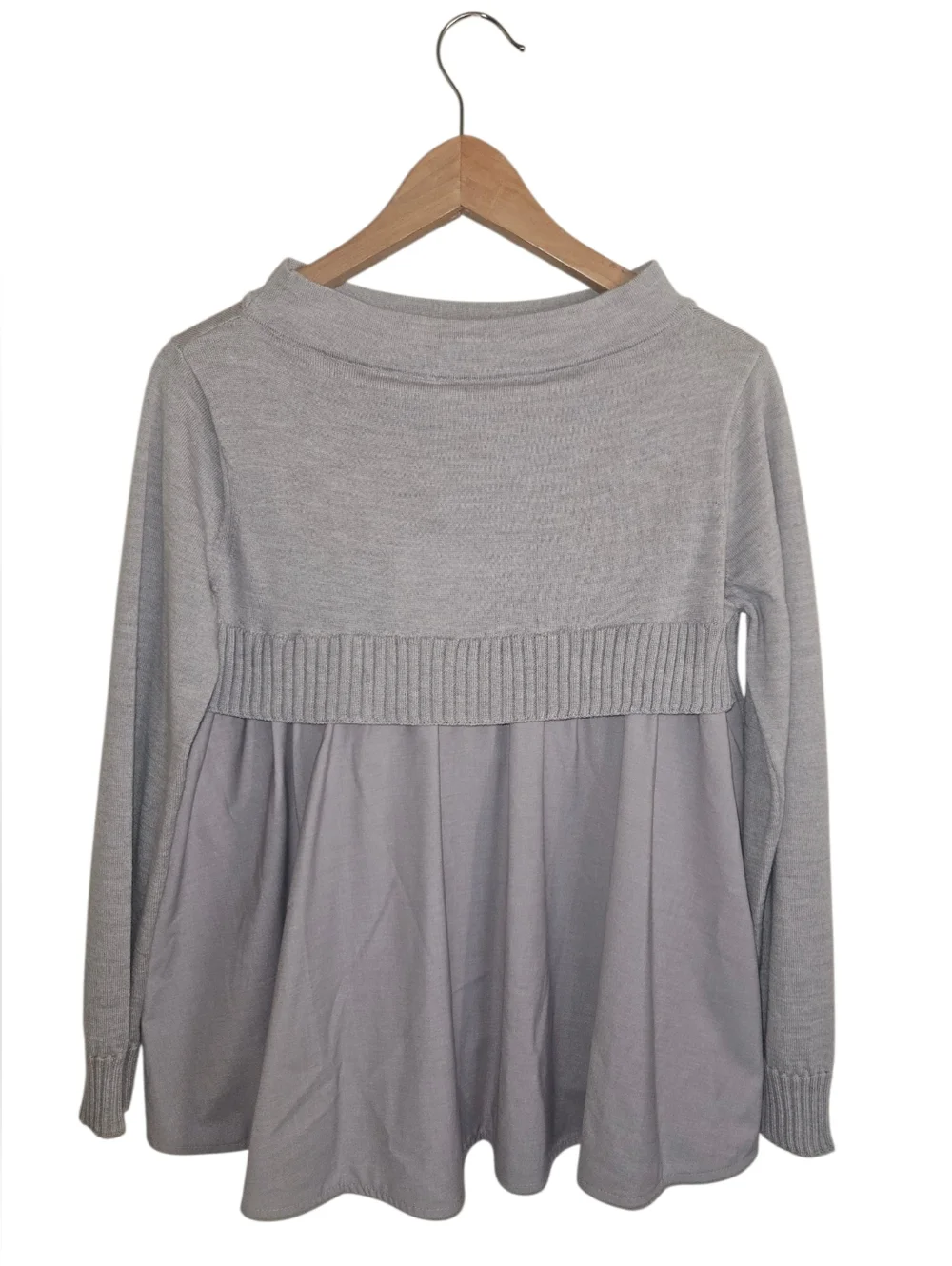 MEIMEIJ Virgin Wool Knit Boatneck Mixed Media Flowy Top in Purple/Gray 38 (S)NEW